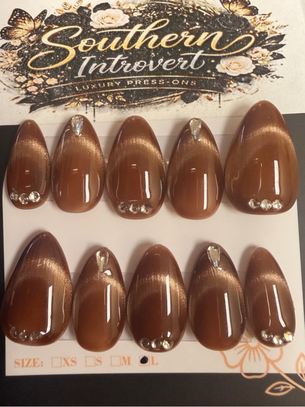 Brown Press-On Nails with Rhinestones